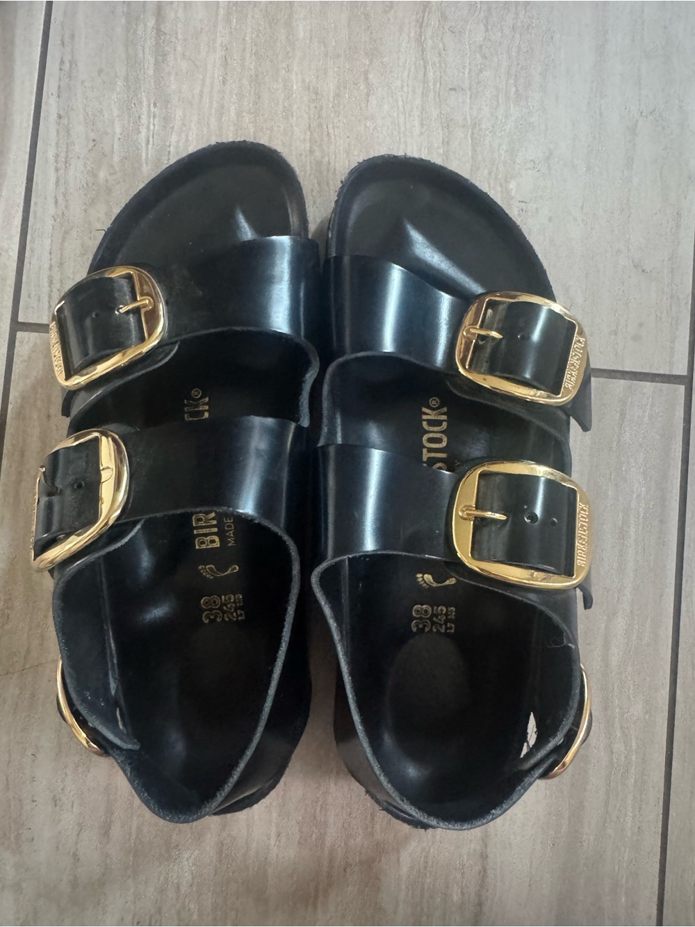 Birkenstock Black Double-Strap Sandals with Gold Buckles